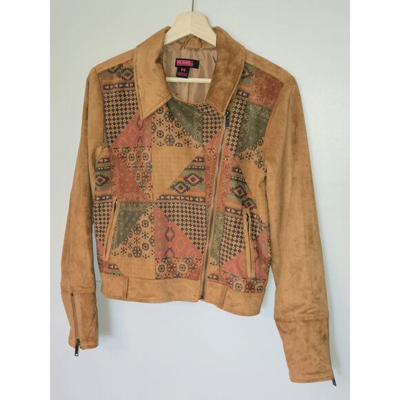 Rock & Roll Denim Southwestern Aztec Patchwork Faux Suede Moto Jacket Women’s M - Picture 2 of 11